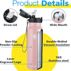 Han's Bottle Sports Water Bottle - 24 Oz, Straw Lid, Leak Proof, Vacuum Insulated Stainless Steel, Double Walled, Thermo Mug,Blush