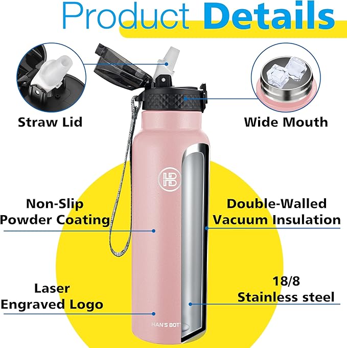 Han's Bottle Sports Water Bottle - 24 Oz, Straw Lid, Leak Proof, Vacuum Insulated Stainless Steel, Double Walled, Thermo Mug,Blush