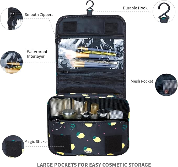 Lcsmaokin Large Capacity Toiletry Bag Travel Bag with Hanging Hook for Men and Women Waterproof Travel Cosmetic Bag Bathroom Storage Bag for Brushes Set,Full-Sized Shampoo,Accessories-Grey Lemon
