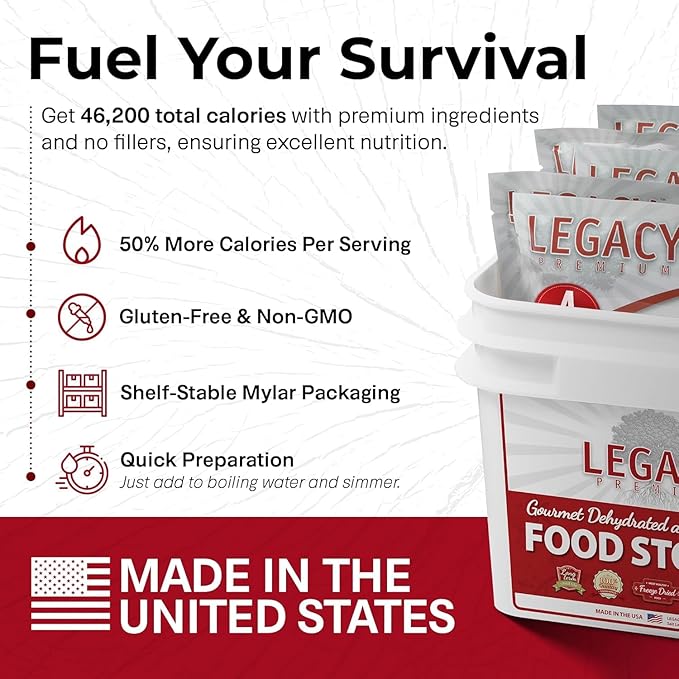 Legacy Food Storage Gluten Free 120 Serving Bucket, Emergency Food Supply, 46,200 Total Calories, 120 Large Servings, Shelf Stable Lunch & Dinner Entrees, Freeze Dried Survival Meals for MRE Camping, Hiking, & Backpacking