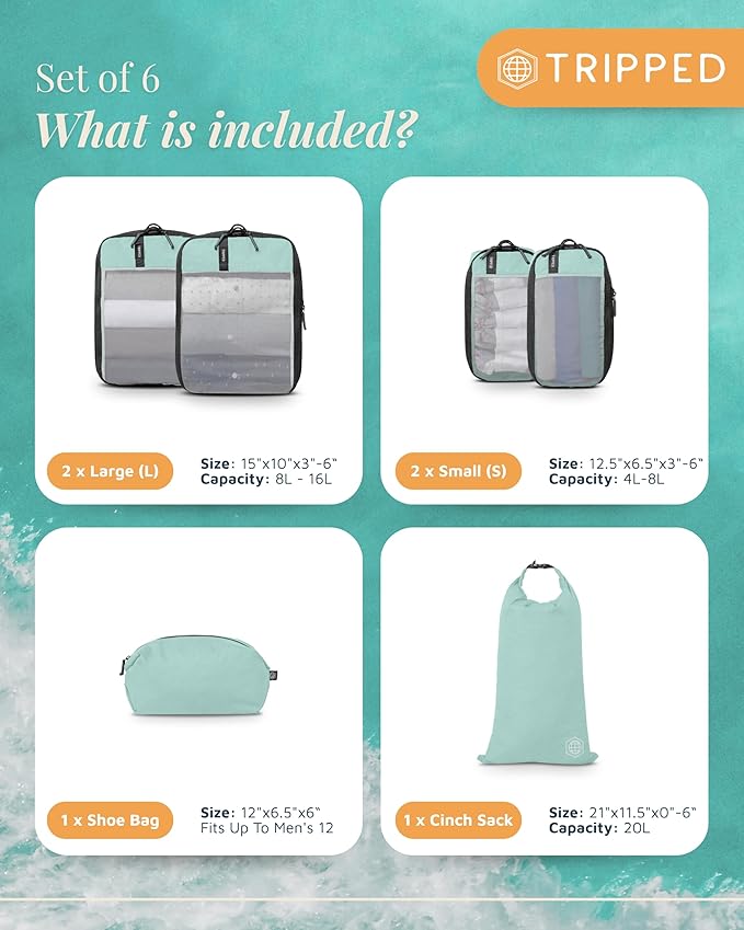 Premium Compression Packing Cubes for Travel, Compression Packaging Cube, Zip Bags Premium 6-Piece Set with laundry bag and shoe bag by TRIPPED Travel Gear (Dusty Teal Mesh)
