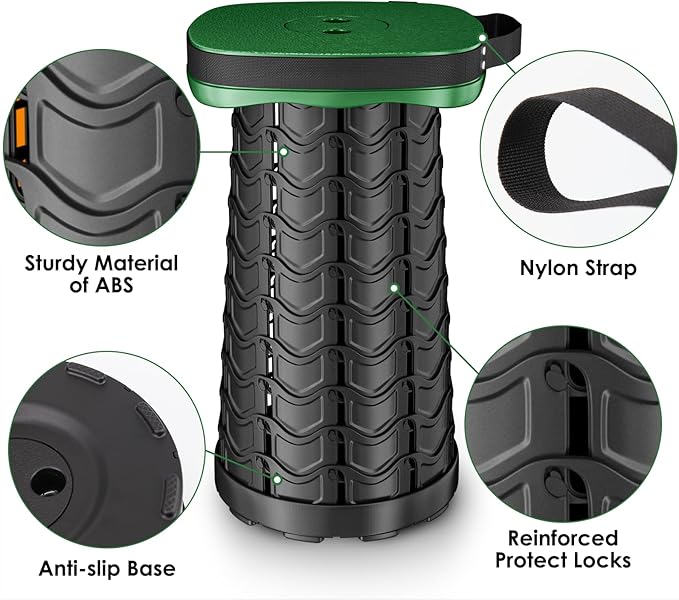 Folding Camping Stool, Square Collapsible Portable Stool with Elastic Seat Cushion& Adjustable Nylon Bag, Sturdy Lightweight Telescoping Foldable,Max Load 485lb (Green)