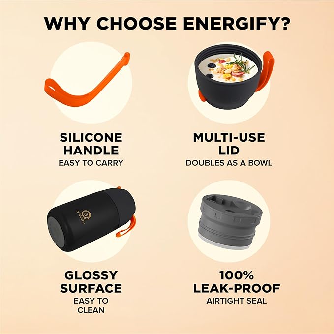 ENERGIFY Vacuum Insulated Food Jar. Large 24oz Bowl incl. Folding Spoon, Cup. Wide Mouth Keep Hot & Cold Drinks Soup Lunch Container for Adults. BPA-Free Stainless Steel, Leak Proof Black Matte