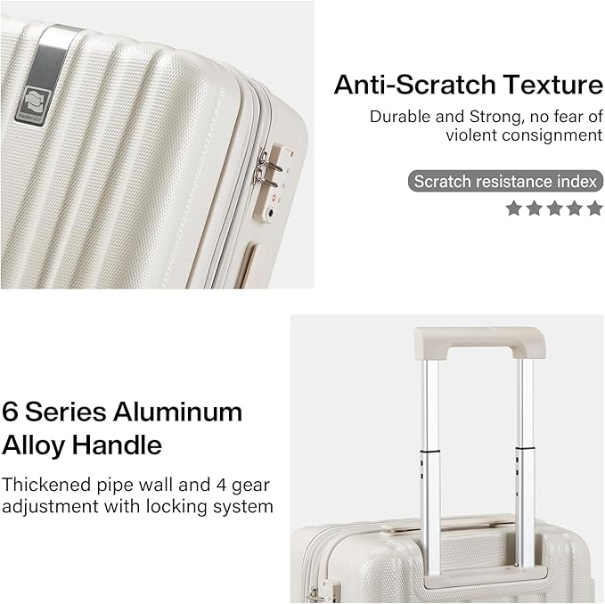 Hanke 20 Inch Expandable Carry on Luggage 22x14x9 Airline Approved Lightweight PC Hard Shell Suitcases with Wheels Travel Luggage Rolling Suitcase Travel Luggage Bag for Weekender(Ivory White)
