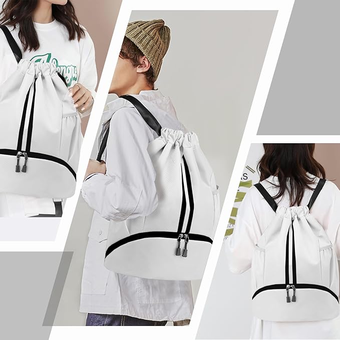 Hoedia Sports Drawstring Backpack - String Swim Gym Bag with Shoes Compartment and Wet Proof Pocket for Women/Men (White)