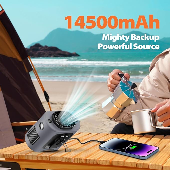 Portable Waist Fan - 14500mAh Rechargeable Battery, 67Hrs Cooling Belt Fan, 5 Powerful Speed & 360° Rotatable, Hands Free Clip On Waist With LED Light for Work Gift Camping Travel Outdoor