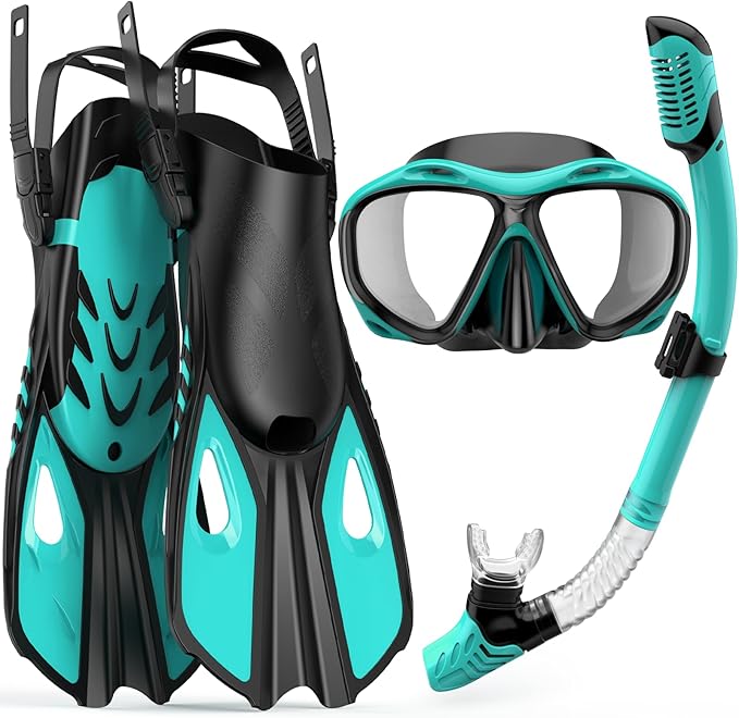 Snorkeling Gear for Adults Men Women, 3 in 1 Snorkel Set with Panoramic View Diving Mask Anti-Fog Anti-Leak, Snorkel Mask Dry Top Snorkel Fins for Swimming, Snorkeling and Travel Diving