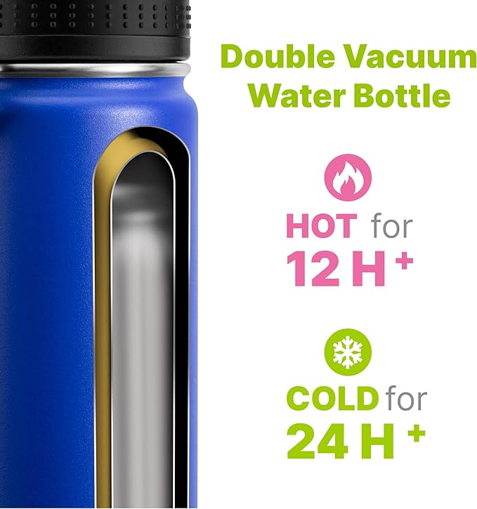 Kids Insulated Water Bottle with Spout Lid-16 oz Stainless Steel Vacuum Wide Mouth Sports Water Bottle for Back to School-Reusable Metal Leak Proof Travel Water Flask, BPA-Free(Navy)