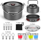 Odoland 22pcs Camping Cookware Mess Kit, Large Size Hanging Pot Pan Kettle with Base Cook Set for 4, Cups Dishes Forks Spoons Kit for Outdoor Camping Hiking Picnic