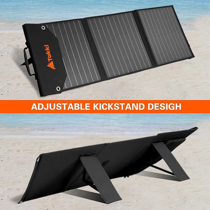 Takki 60W Solar Panel Foldable Solar Charger Kit with USB DC Type-C Ports for Portable Power Station Generator Camping Outdoor, 10 Connectors