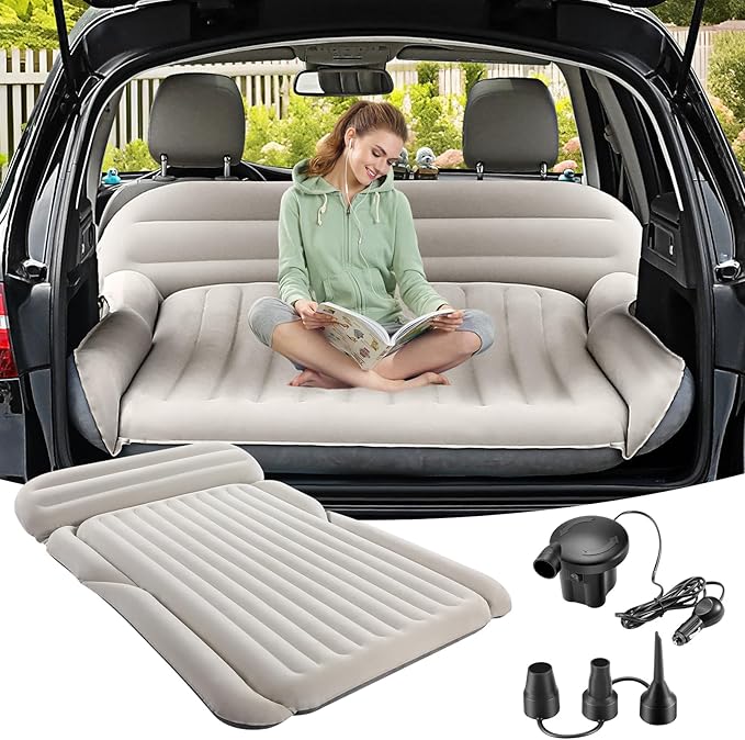 KMZ SUV Air Mattress Thickened Double Flocking Camping Mattress Upgraded Portable Sleeping Car pad Comfortable Inflatable Travel Bed with External Pump and 2 Pillows（Off-White and Light Gray）