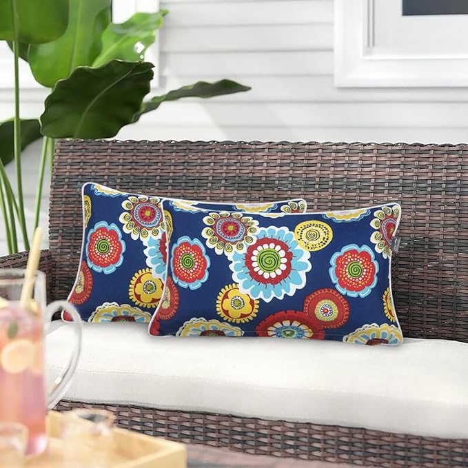 Magpie Fabrics Pack of 2 Outdoor Lumbar Pillow Case Covers 12"x20", Waterproof Rectangular Throw Pillowcase Shell Decorative Sham for Patio Garden Couch - Floral Navy