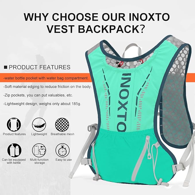 INOXTO Hydration Vest Backpack,Lightweight Water Running Vest Pack with 1.5L Water Bladder Bag Daypack for Hiking Trail Running Cycling Race Marathon for Women Men