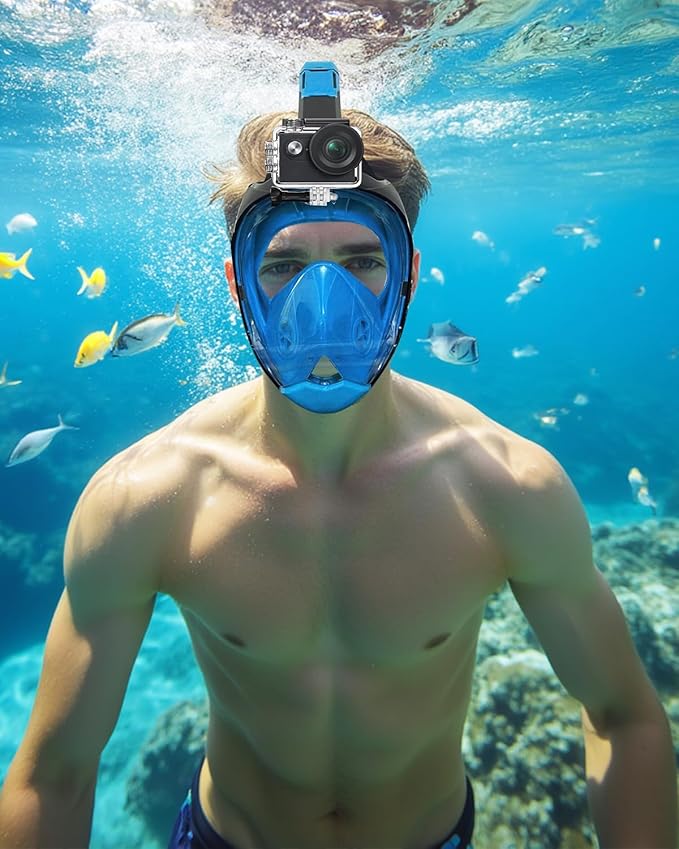 Full Face Snorkel Mask for Adults with Dry Top System 180 Degree Panoramic View Snorkeling Gear with Camera Mount Safe Breathing Anti-Leak Anti-Fog