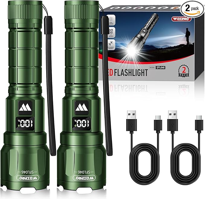 WdtPro LED Rechargeable Flashlight 2 Pack, Super Bright Zoomable 6000 Lumens Tactical Flashlight with LCD Digital Display, 3 Mode Waterproof Flash Light for Camping, Hunting & Home Emergency - Green