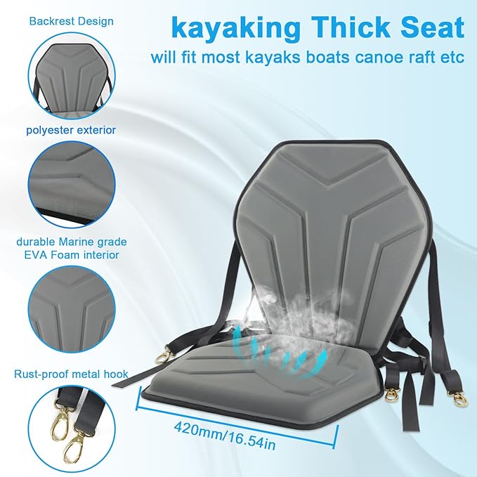 Universal Kayak Seat with Back Support, Comfortable Deluxe Sit-On-Top Canoe Seat for SUP Paddle Board Fishing Boat with 6 Adjustable Straps
