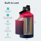 BUZIO 64oz Insulated Water Bottle Stainless Steel Double Wall Leak Proof Half Gallon with Straw Lid and Flex Cap (Cold for 48 Hrs) Sports Flask Metal Travel Mug for Hiking Cycling, Ruby Red Navy