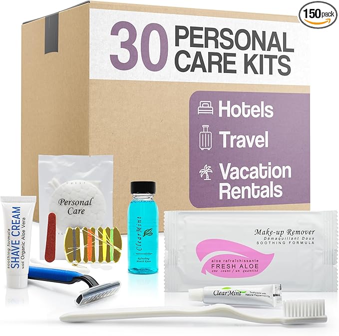Personal Care Travel Toiletries | 1-Shoppe Amenities Kit | Travel Shaving Set, Toothbrush & Paste, Mouthwash, Makeup Wipes, Swabs, Nail File & Sewing Kit | 150 Pieces