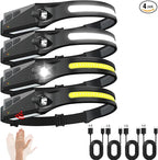 Rechargeable Headlamps 4 Packs, 230° Wide Beam Head Lamps LED Rechargeable Motion Sensor Soft Head Light with 5 Modes, Bright Headlamps for Adults, Head Lights for Forehead