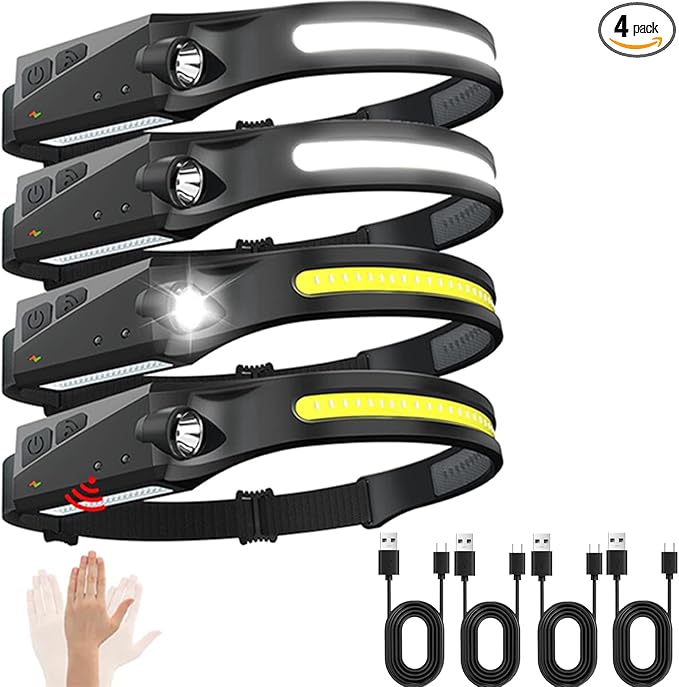 Rechargeable Headlamps 4 Packs, 230° Wide Beam Head Lamps LED Rechargeable Motion Sensor Soft Head Light with 5 Modes, Bright Headlamps for Adults, Head Lights for Forehead