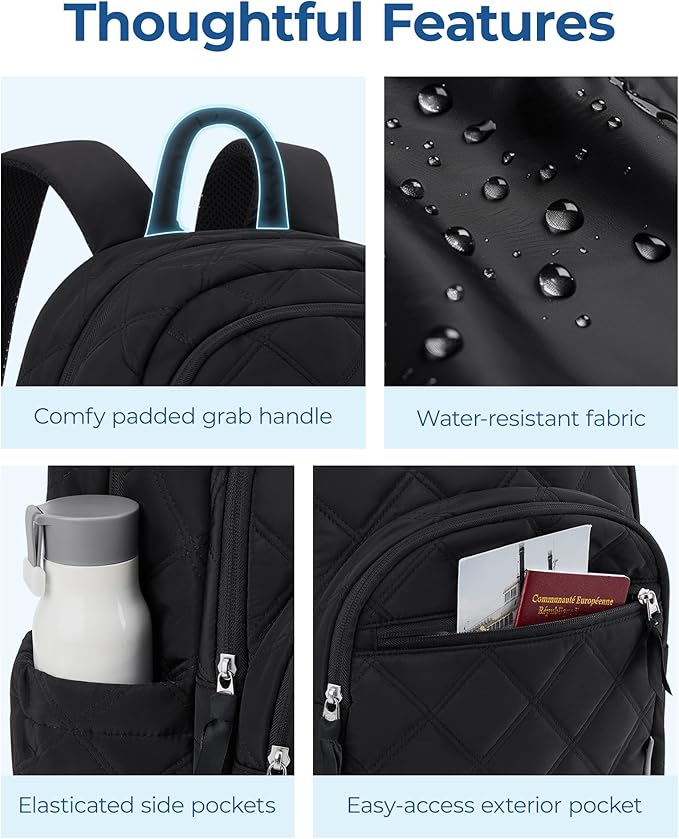 BAGSMART Travel Laptop Backpack, College Backpack for Women, Quilted Small Computer Bookbag, Water-Resistant 15.6 Inch Laptop Casual Bag, Vanilla