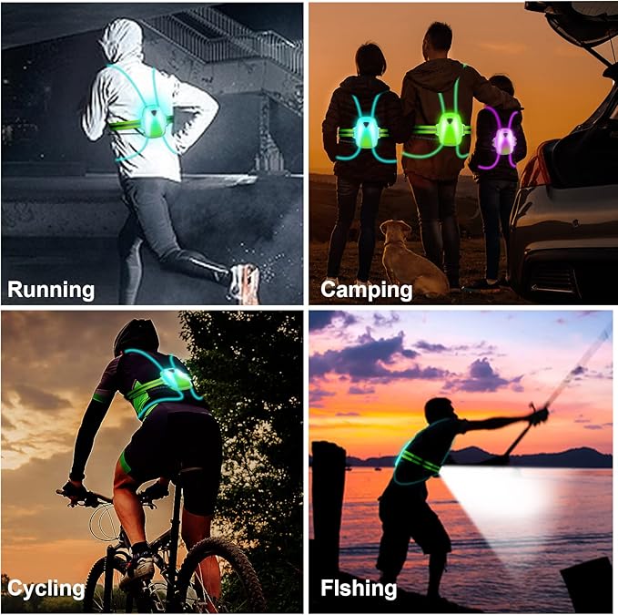 LED Reflective Running Vest Lights for Runners, Running Lights with Front Light, Safety USB Rechargeable Reflective Night Lights For Men/Women Running Walking Cycling, Three Light Modes with 7 Colors