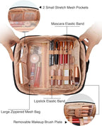Relavel Travel Makeup Bag, Large Capacity Cosmetic Bag for Women, Waterproof Portable Makeup Pouch with Separate Makeup Brush Board, Wide Open Flat Toiletry Bag - Black