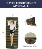 Inflatable Sleeping Pad for Camping, Extra-Thick 4.75" Single Air Mattress with Soft Velvet Top, Machine Washable, Family Lightweight 4-Season Pad for Traveling & Hiking, Green