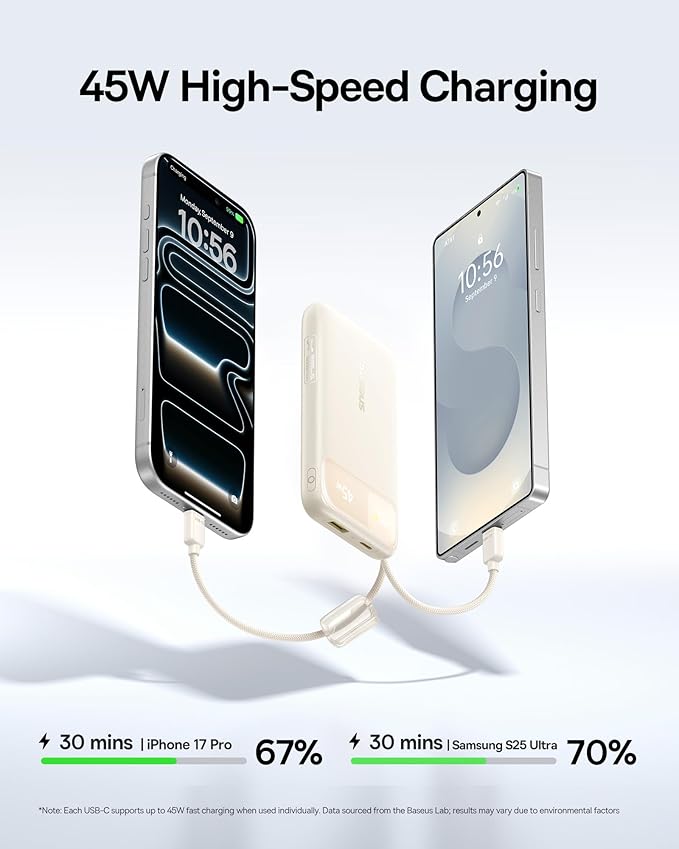 Baseus 45W Ultra Slim 10000mAh Power Bank Built-in USB-C Cables, CCC Certified Portable Charger, Travel Essential Fast Charging Pocket Size Phone Battery Pack for iPhone 17 16 Samsung S25 S24 iPad