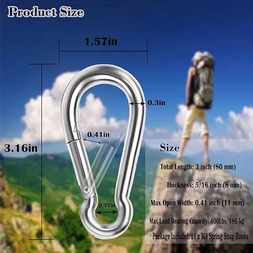 Carabiner 3 Inch Spring Snap Hook, 16pcs M8 5/16 Inch Spring Snap Hook Quick Link for Camping Hiking, 500LBS Holding Capacity Heavy Duty Steel Carabiner Clip Buckle for Hammock Swing Fitness