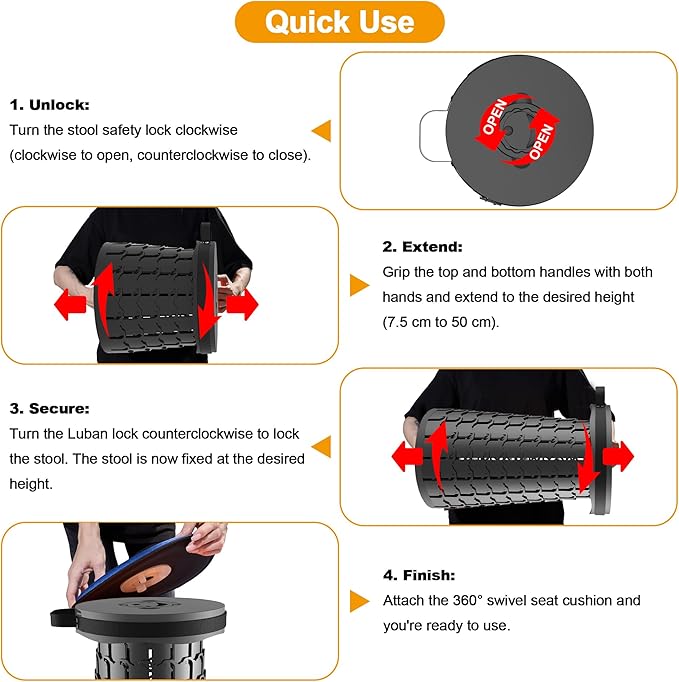 ALEVMOOM Upgraded XXL 19.7" Collapsible Stool, Heavy Duty Portable Folding Stool Max Load 1000 lbs, Retractable Telescoping Foldable Seat for Camping Fishing Hiking Travel BBQ