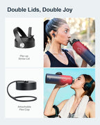 BUZIO 40oz Insulated Water Bottle, Triple Wall Vacuum Stainless Steel Water Flask with 2 lids, Leakproof BPA-Free Straw Lid Sports Canteen Jug, Cold 48H & Hot 24H- Ruby Red Navy