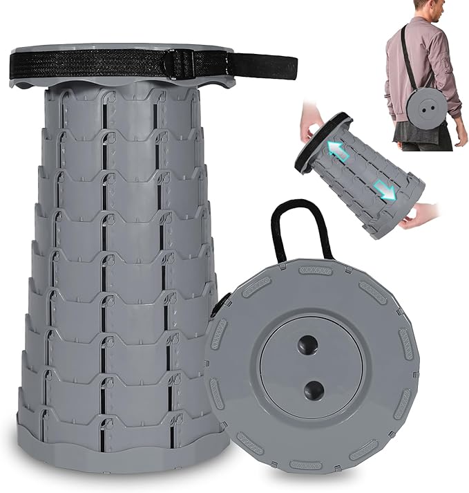 Portable Telescoping Collapsible Stool – Adjustable Height Folding Seat (Up to 450 lbs), Lightweight Camping Stool & Travel Seat for Fishing, Hiking, BBQ, Indoor & Outdoor(Light Gray)