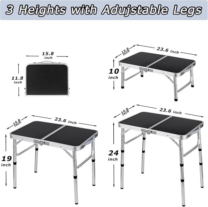 Folding Camping Table, Adjustable Height Folding Table, Portable Aluminum Small Folding Table with Carry Handle for Picnic, BBQ, Indoor, Office