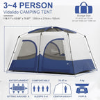 Vidalido Tents，3-4 Person Camping Tent with Extended Vestibule，Weather Resistant Family Tents with Breathable Mesh Windows，Easy Install Waterproof Outdoor Tent for Backpacking and Camping Hiking