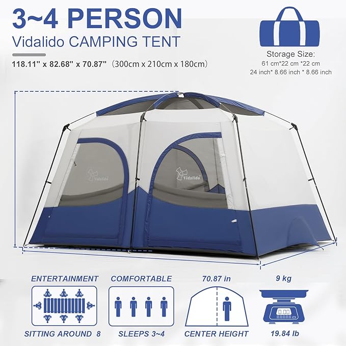Vidalido Tents，3-4 Person Camping Tent with Extended Vestibule，Weather Resistant Family Tents with Breathable Mesh Windows，Easy Install Waterproof Outdoor Tent for Backpacking and Camping Hiking