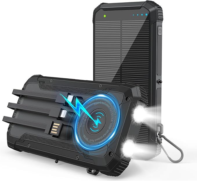Solar Power Bank 20000mAh Wireless Portable Charger Built-in 3 Cables 15W USB-C Fast Charging Black Battery Pack Compatible with iPhone, Samsung, Emergency LED Flashlights Perfect for Camping, Hiking