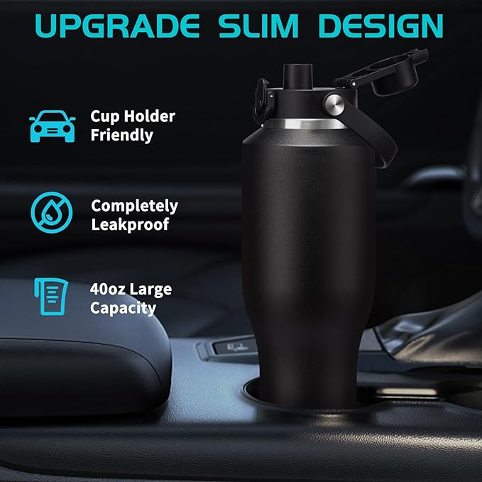 40 OZ Stainless-steel Insulated Water Bottles - Cold 48H & Hot 24H, Leak-Proof Metal Water Flask with Sleeve, Protective Boot, BPA Free Vacuum Insulated 40oz Water Bottle Fits In Cup Holder
