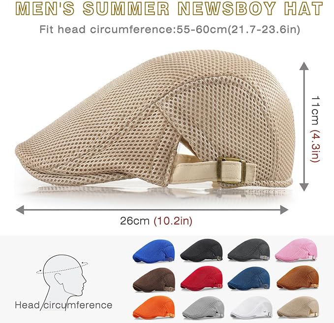 2 Pack Men's Mesh Cap Breathable Summer Newsboy Hat Adjustable Beret Ivy Cap Irish Cabbie Driving Hunting Hats