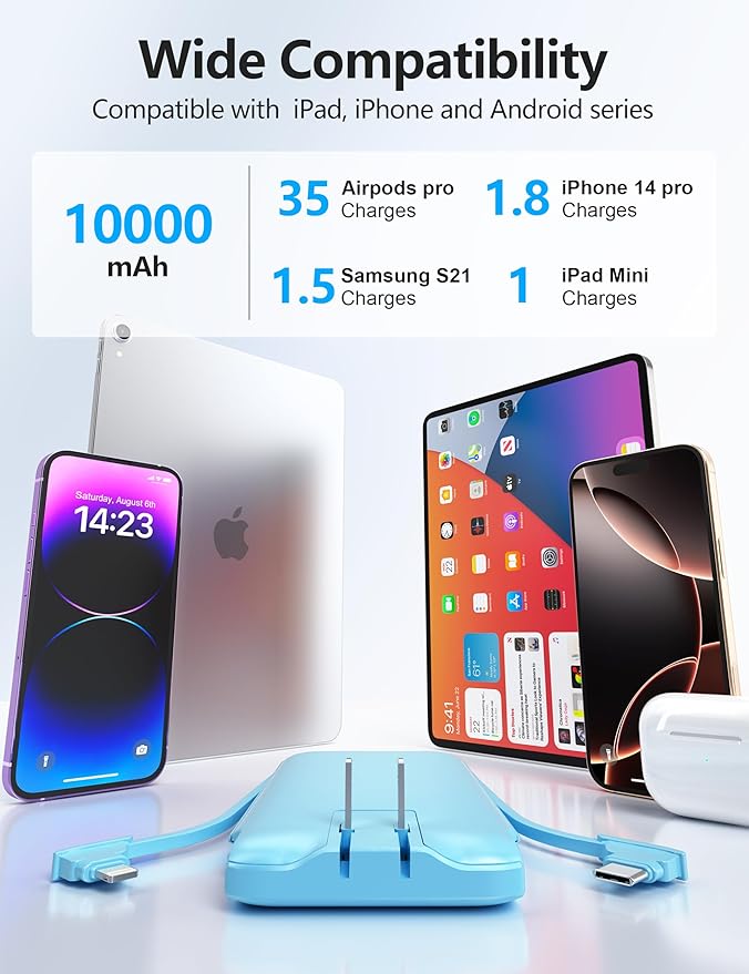 Portable Charger Power Bank with Built-in Cable & AC Plug, 10000mAh Fast USB-C Charger, Slim Mini Battery for iPhone 16/15/14/13/Pro/Max & All USB-C Devices