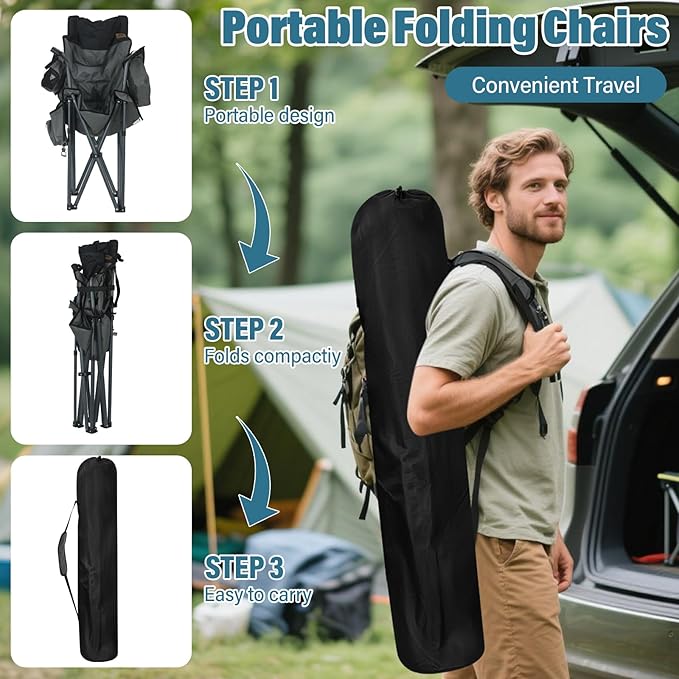 Oversized High-Back Camping Chairs with Pillow, Dual Cup Holders & Cooler Bag - Heavy Duty Foldable Outdoor Chair for Adults, Picnic, Fishing, Backyard, Sports （BlackGrey）