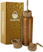 40 Oz Water Bottle with Straw Stainless Steel Sports Water Bottle with 3 Lids (Straw, Chug and Flip Lid) Insulated Leak Proof Metal Jug for Men & Women - Gold Leopard