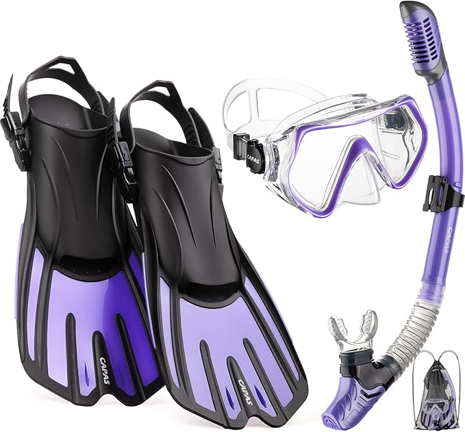 CAPAS Snorkel Mask Fins Set, Travel Size Snorkeling Gear for Adults with Adjustable Fins, Diving Mask and Dry Top Snorkel, Come with a Carrying Bag