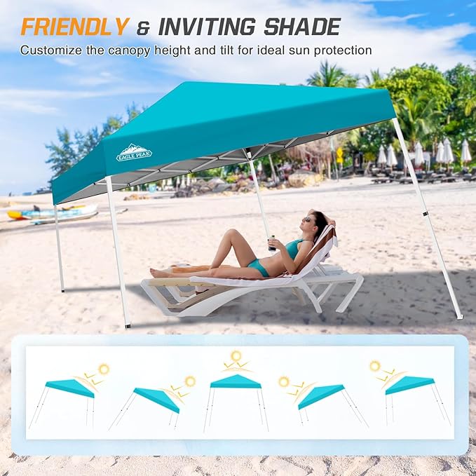 EAGLE PEAK 10x10 Slant Leg Pop-up Canopy Tent Easy One Person Setup Instant Outdoor Beach Canopy Folding Portable Sports Shelter 10x10 Base 8x8 Top (Turquoise)