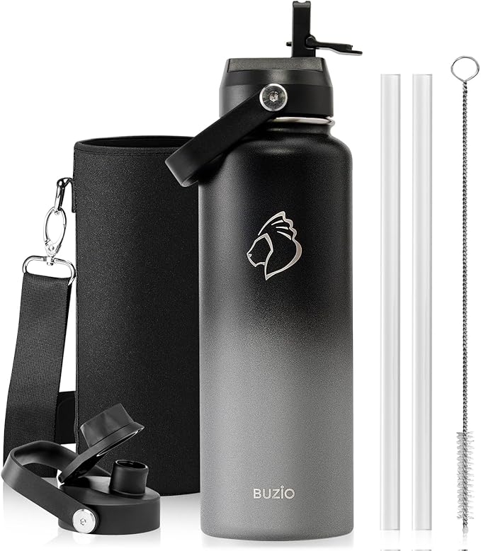 BUZIO Insulated Water Bottle with Straw Lid and Flex Cap, 40oz Modern Double Vacuum Stainless Steel Water Flask, Cold for 48 Hrs Hot for 24 Hrs Simple Thermo Canteen Mug