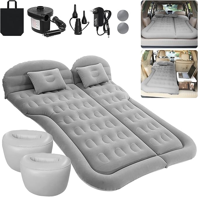 ISWEES Car Bed SUV Air Mattress, Car Air Mattress with Home Power Adapter, Electric Pump, 2 Inflatable Pillows and 2 Footrests for Back Seat, Side Seat,Trunk Sleeping, Thickened Camping Bed - Grey