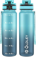 OLDLEY 32 oz Water Bottle, Motivational Water Bottle with Time Marker, Sports Water Bottle With Strap, Leakproof & BPA Free Large Water Bottles for School, Gym, Travel, Outdoor, Tritan,Blue&Gray
