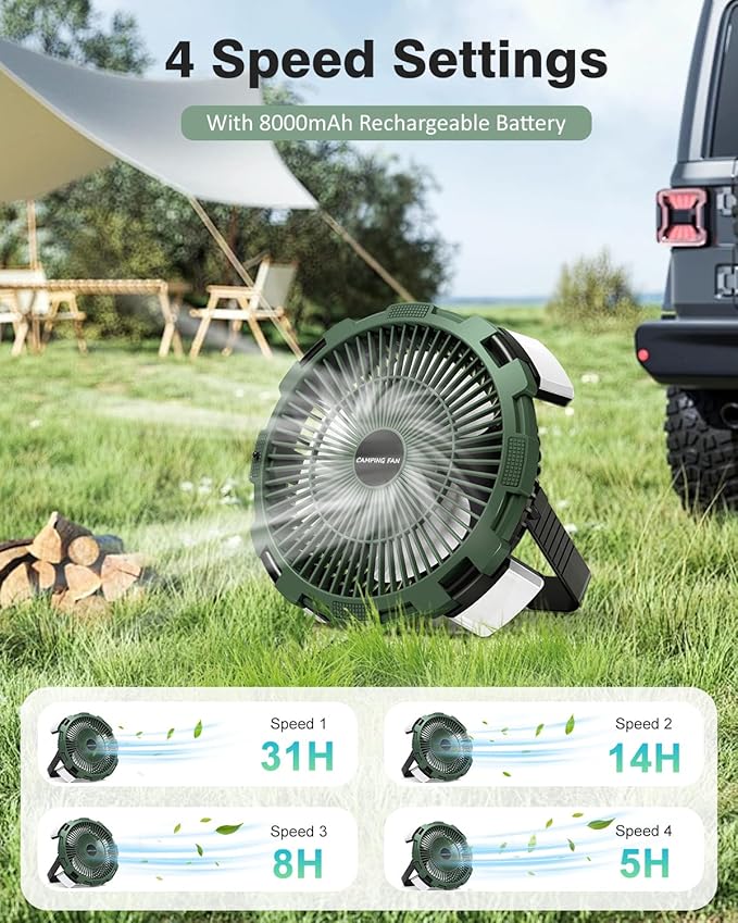 Camping Fan with LED Lantern, 8000mAh Rechargeable Battery Powered Tent Fan for Camping Hanging, Camping Outdoor Fan with Remote, 4 Speed Camping Fan for Tents,Travel,Home,Fishing,Sleep,Emergency