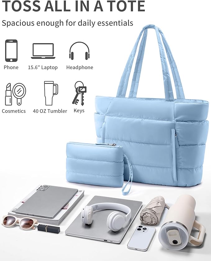 Puffer Tote Bag for Women, Lightweight Puffy Work Handbag Teacher Nurse Quilted Shoulder Bag for School Travel Gym