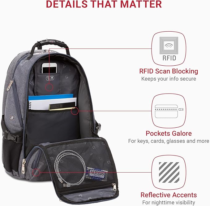 SwissGear 1900 ScanSmart 17” Laptop Backpack Grey Heather – Reflective Tech Backpack with ScanSmart Compartment – Multiple Organizer Pockets & RFID Scan Blocking Technology